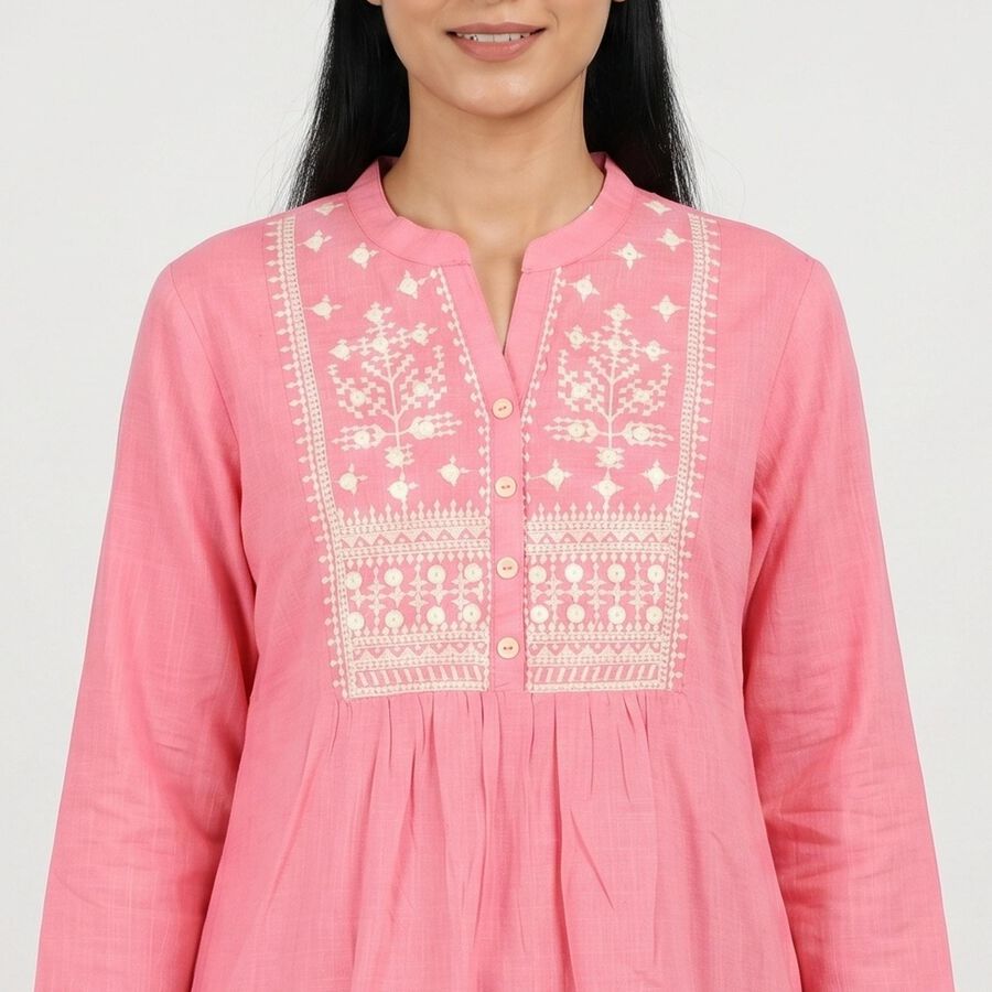 Women's Pink Cotton Mandarin Collar Embroidered Kurti, हल्का गुलाबी, large