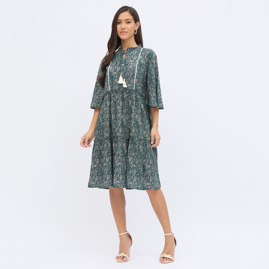 Women's Muted Forest Green Round Neck Bohemian Dress, Dark Green, large image number null