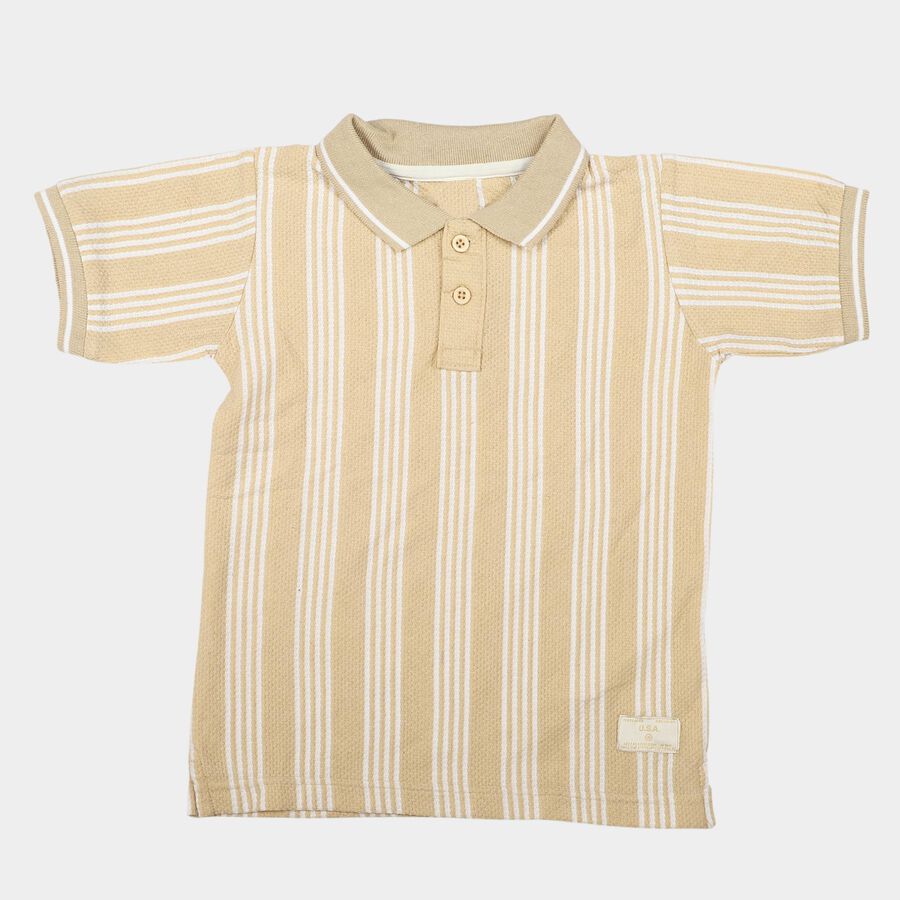 Boys Beige Polo Neck Striped Polo T-Shirt, Beige, large