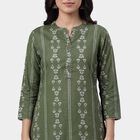 Women's Olive Notch Neck Textured Kurta, ओलिव, small