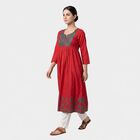 Women's Fuchsia Cotton Notch Neck Embroidered Kurta, Fuchsia, small