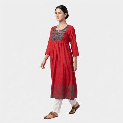 Women's Fuchsia Cotton Notch Neck Embroidered Kurta