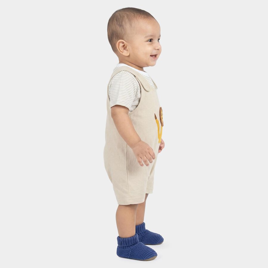 Infants' Beige Cotton Round Neck Lion Embroidered Baba Suit, Beige, large