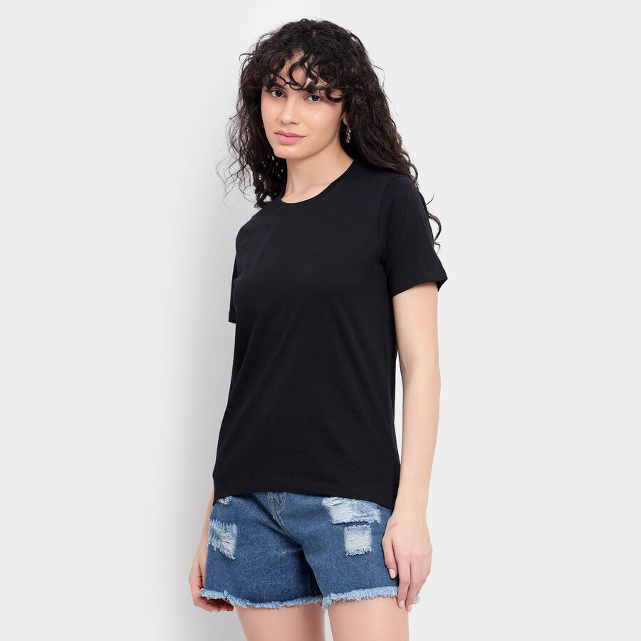 Cotton Solid Round Neck T-Shirt, Black, large image number null