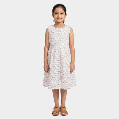 Girls White Floral Printed Fit and Flare Frock