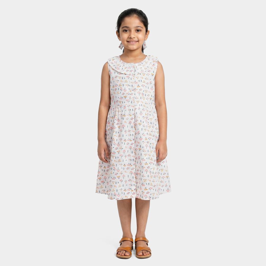 Girls White Floral Printed Fit and Flare Frock, ऑफ व्हाइट, large