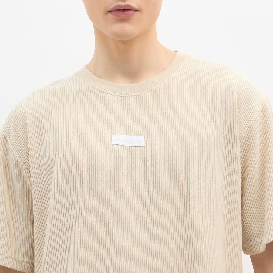 Men's Light Beige Round Neck Casual T-Shirt, Beige, large