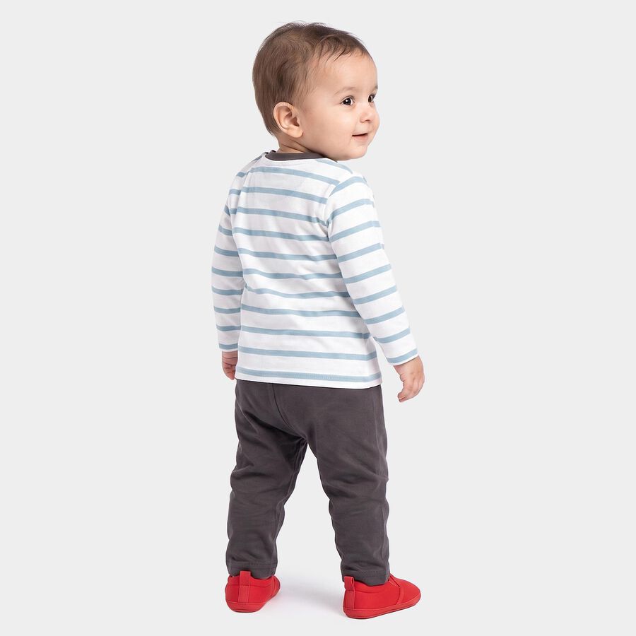 Infants' Teal Blue 100% Cotton Round Neck Striped Baba Suit, टील ब्लू, large