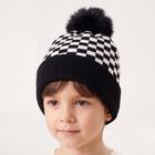 Boys' Black Checkered Pom Pom Beanie Cap, Black, small