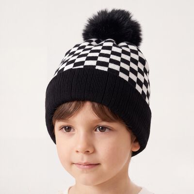 Boys' Black Checkered Pom Pom Beanie Cap