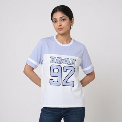 Women's Light Blue Cotton Round Neck Regular T-Shirt