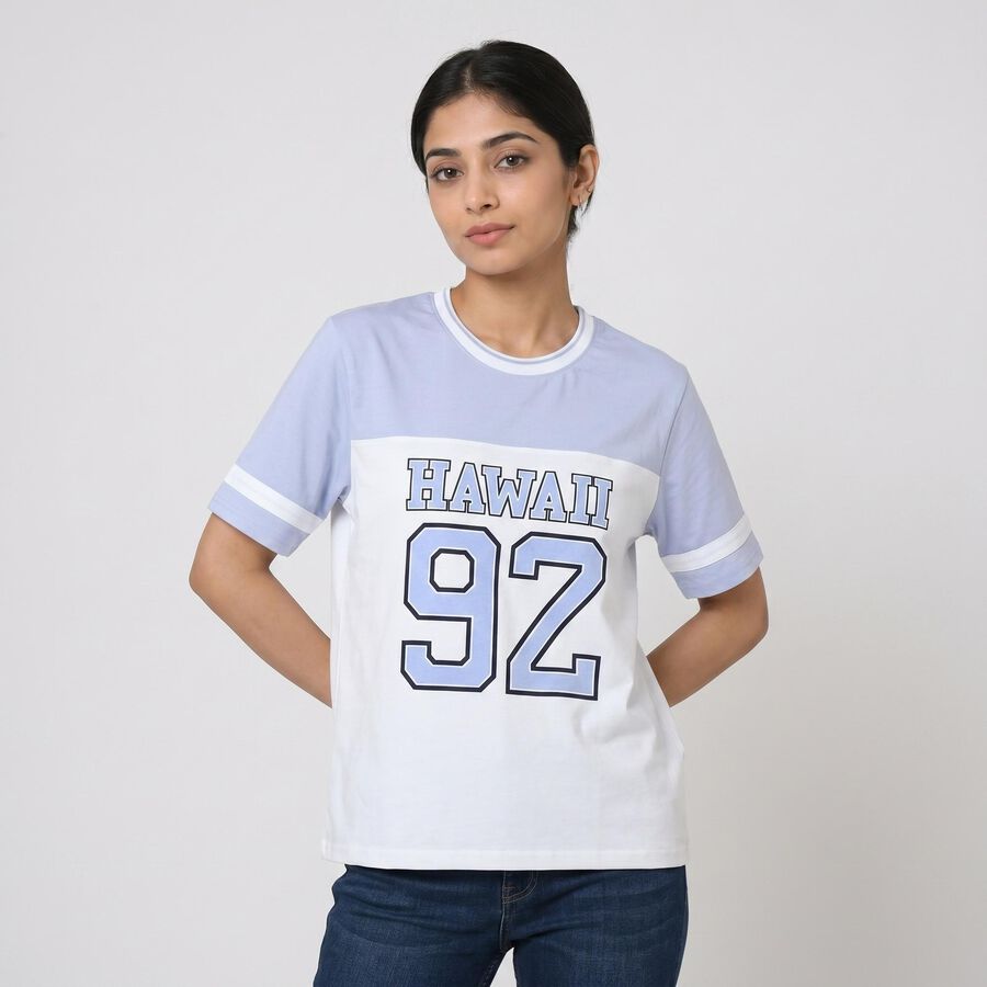 Women's Light Blue Cotton Round Neck Regular T-Shirt, Light Blue, large