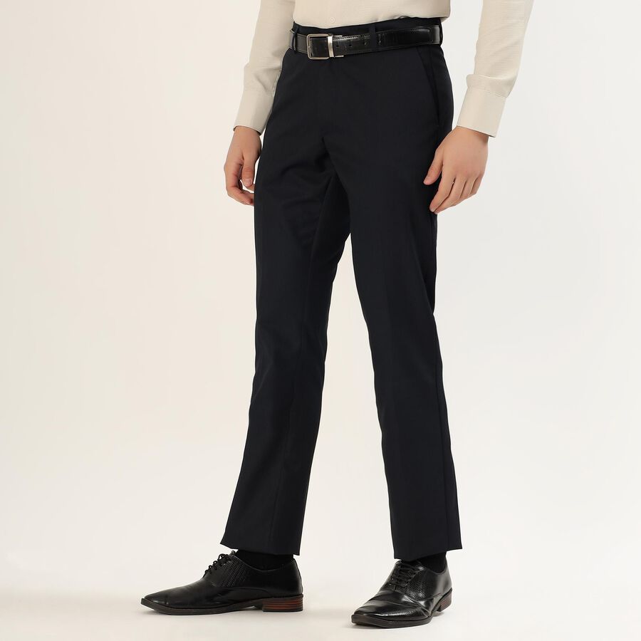 Men's Jet Black Slim Fit Flat-Front Formal Trousers, Navy Blue, large