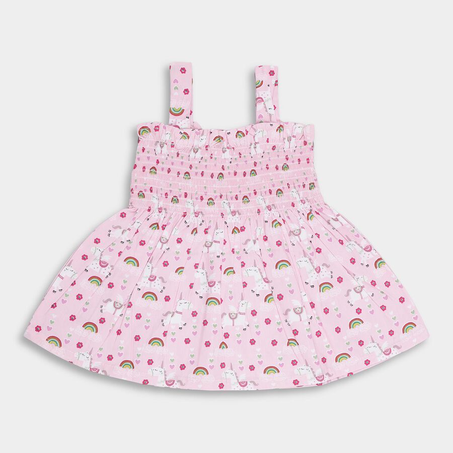 Infants' Light Pink Unicorn Print Smocked Cotton Frock, लाइलेक, large image number null