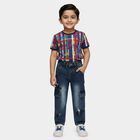 Boys' Dark Blue Regular Fit Graffiti Printed Cargo Jeans, मध्यम नीला, small