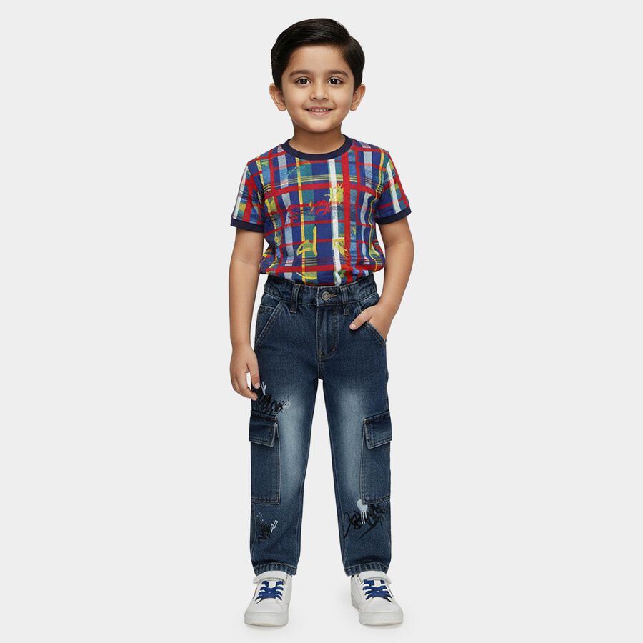 Boys' Dark Blue Regular Fit Graffiti Printed Cargo Jeans, मध्यम नीला, large