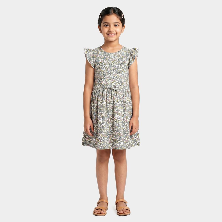 Girls' Cream Floral Printed Fit and Flare Frock, ऑफ व्हाइट, large