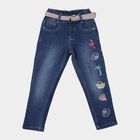 Girls' Blue Straight Fit Embroidered Jeans, Mid Blue, small