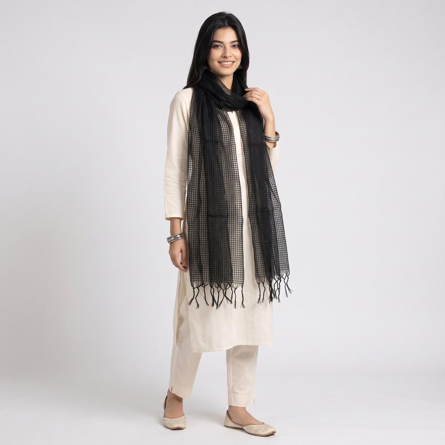 Women's Black Printed Dupatta, काला, large