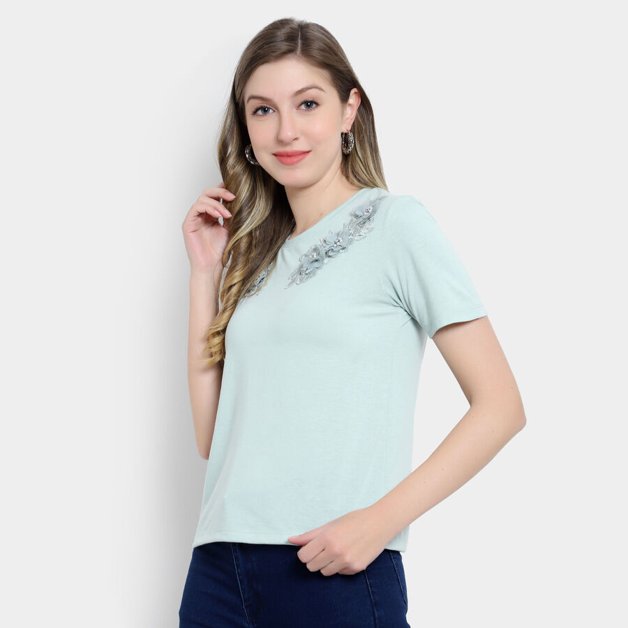 Embellished Round Neck T-Shirt, Light Green, large image number null