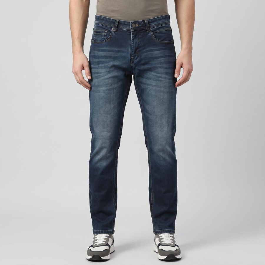 Men's Navy Blue Slim Fit Washed Jeans, गहरा नीला, large