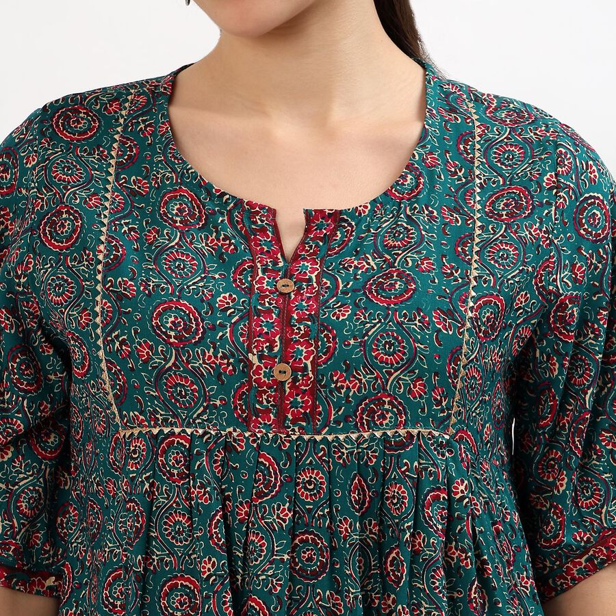 Women's Dark Teal Green Round Neck Floral Printed Kurti, गहरा हरा, large image number null
