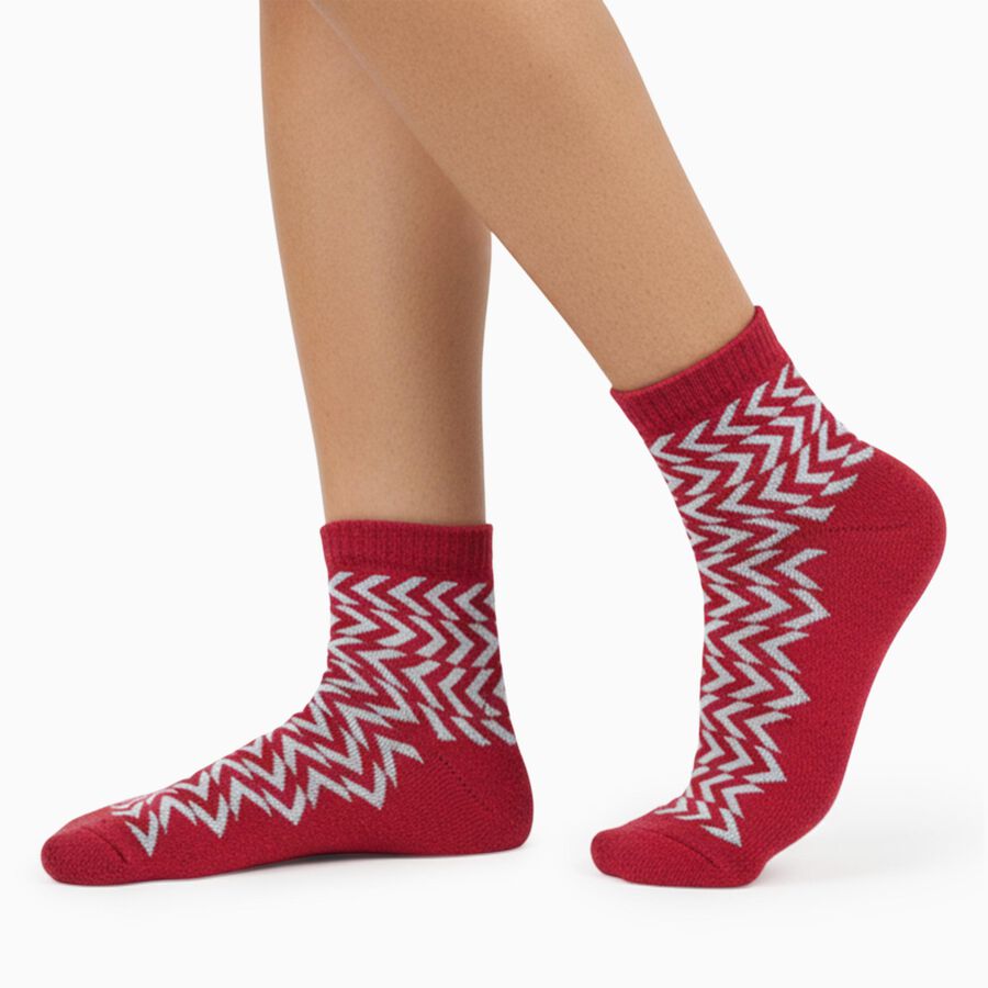 Women's Bright Red Ankle Length Zigzag Pattern Socks, Melange Light Grey, large