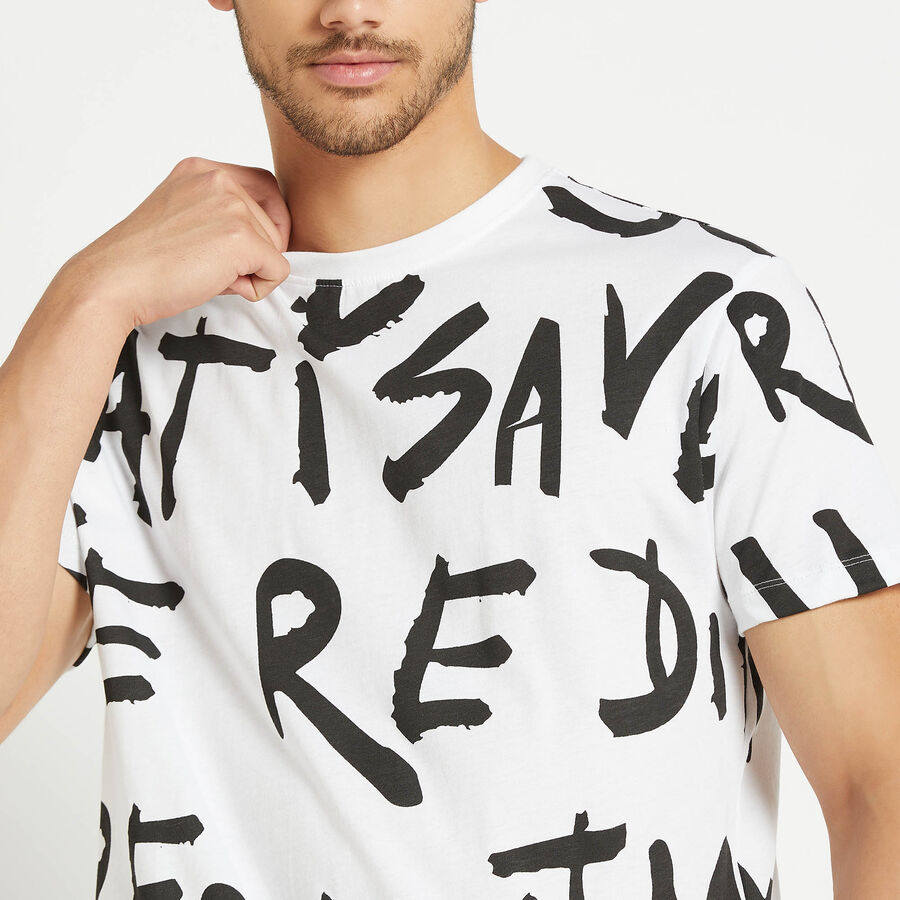 Cotton All Over Print Round Neck T-Shirt, सफ़ेद, large image number null