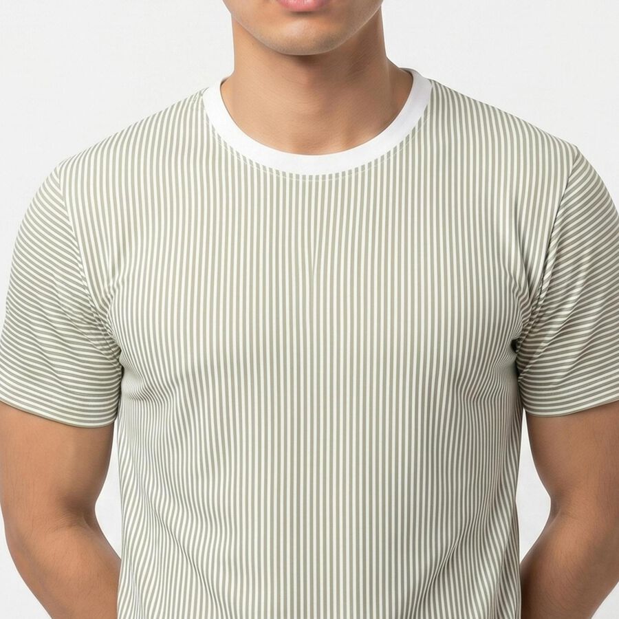 Men's Green Round Neck Striped Regular Drifit T-Shirt, Light Green, large