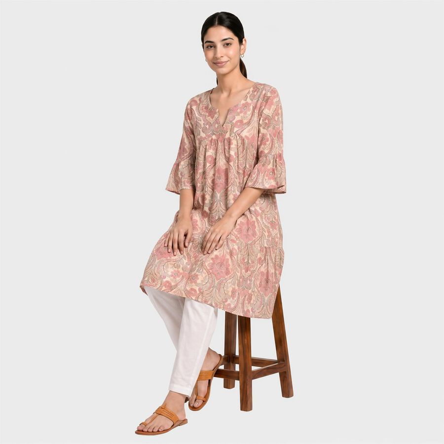 Women's Pink V-Neck Printed Kurti, हल्का गुलाबी, large