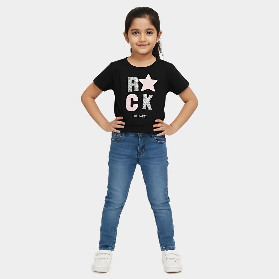 Girls' Black Cotton Round Neck Graphic T-Shirt, Black, large