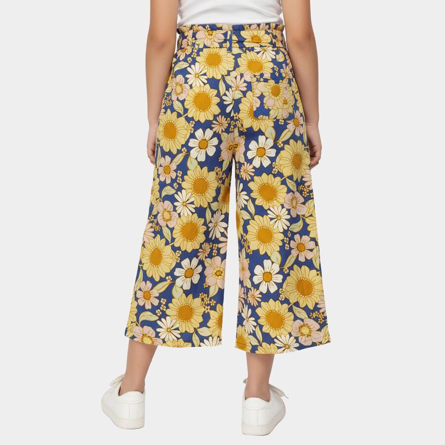 Girls' Mid Blue Relaxed Fit Floral Printed Capri, मध्यम नीला, large