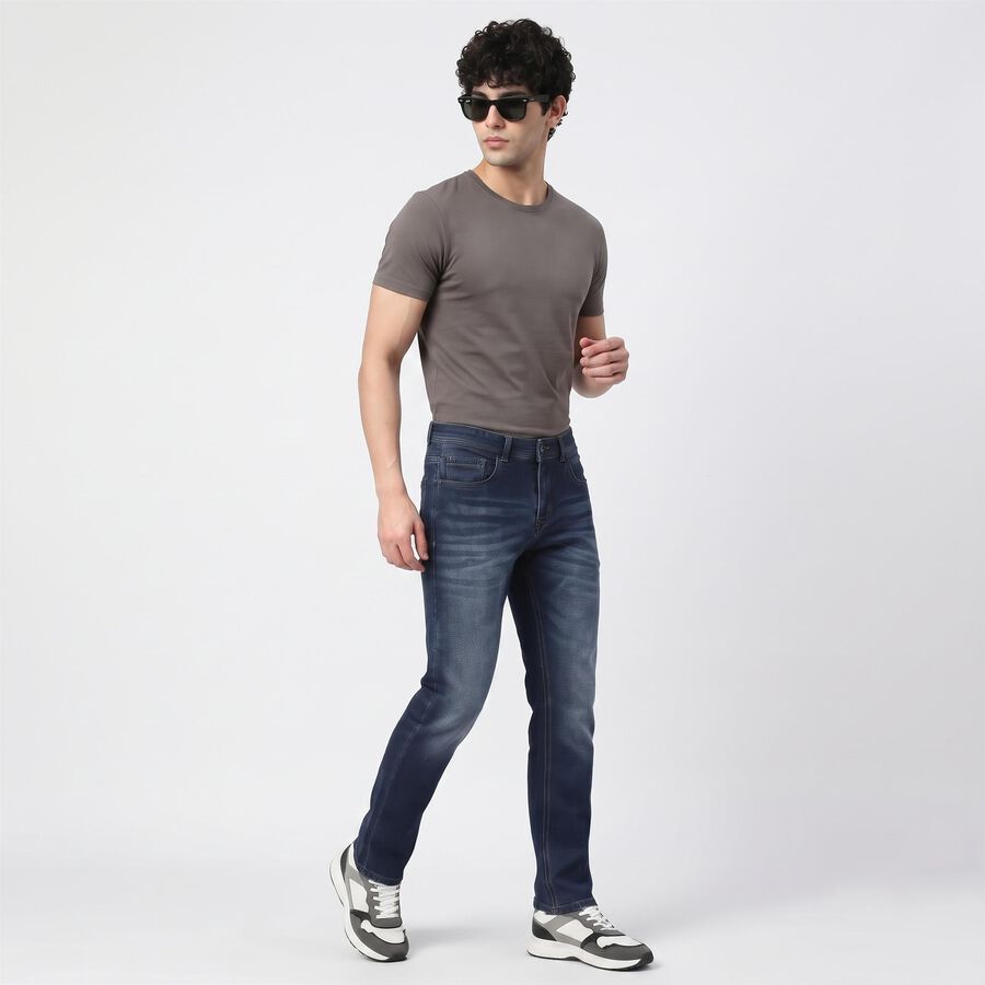 Men's Navy Blue Slim Fit Washed Jeans, गहरा नीला, large
