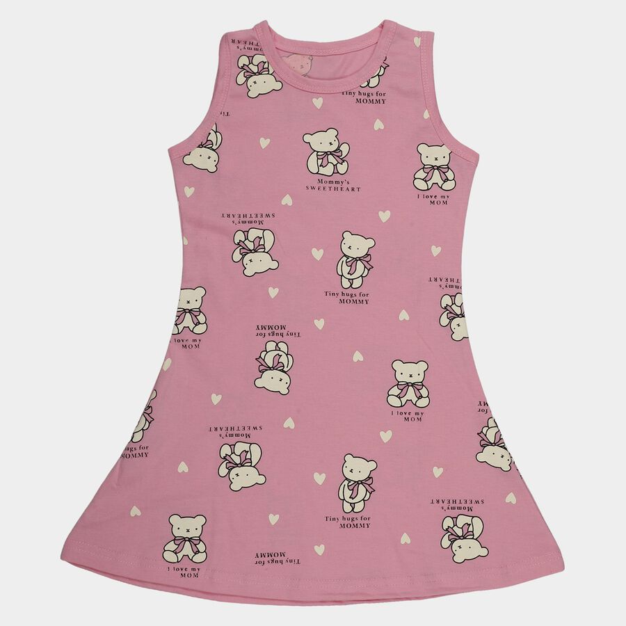 Girls' Pink Teddy Bear Printed Sleeveless A-Line Frock, गुलाबी, large