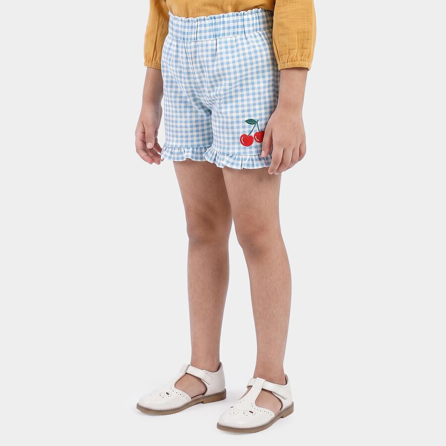 Girls' Light Blue Regular Fit Gingham Ruffle Hem Shorts, हल्का नीला, large