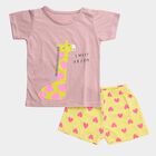 Girls Pink Round Neck Giraffe Printed Night Suit, Light Pink, small