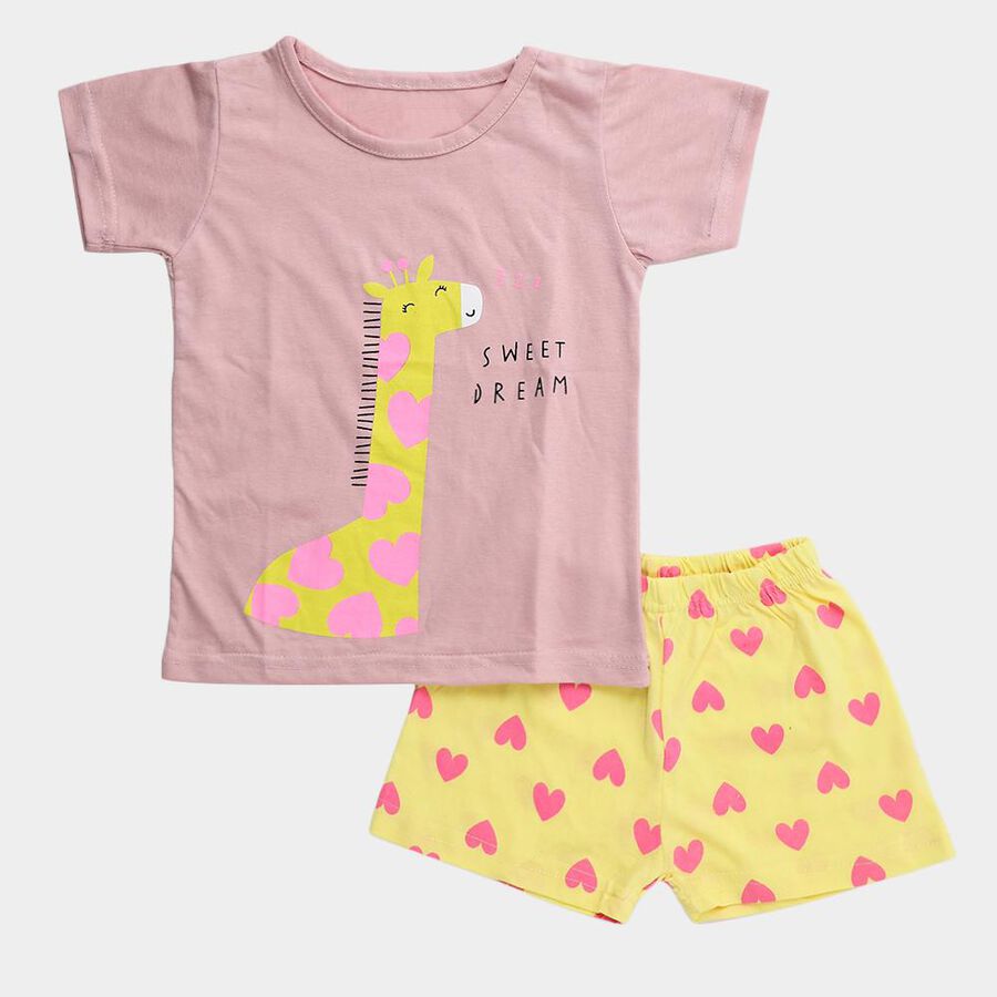 Girls Pink Round Neck Giraffe Printed Night Suit, Light Pink, large