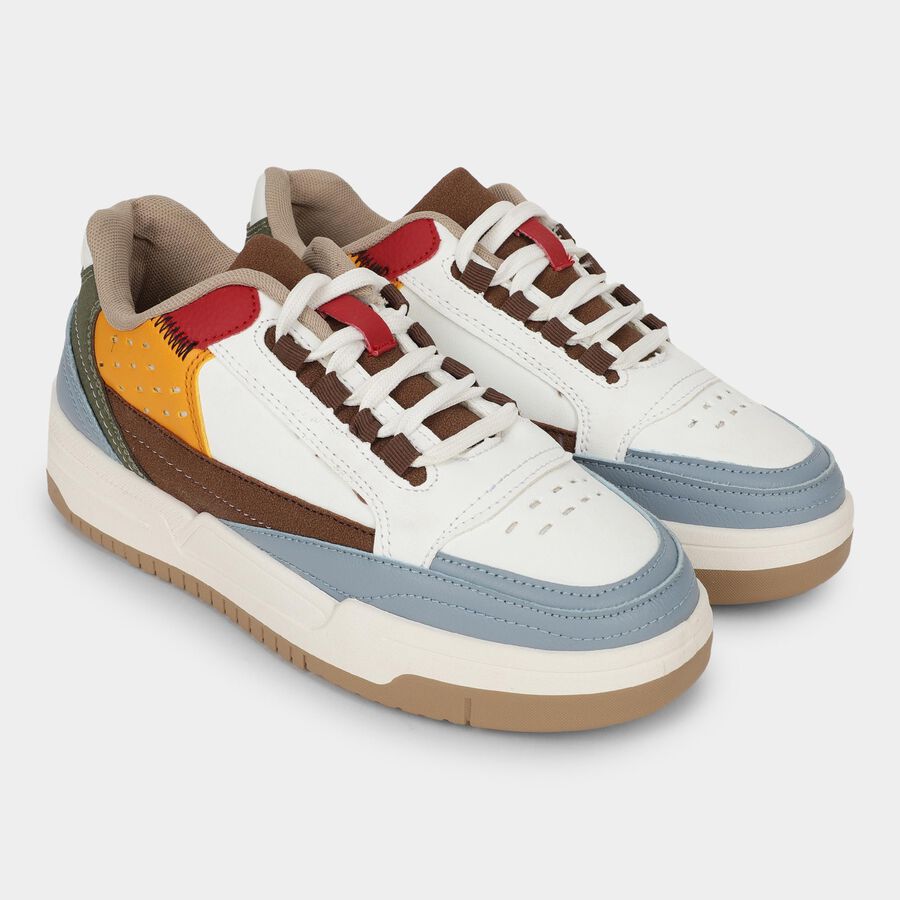 Men's White and Multicolor Lace-Up Casual Sneakers, White, large
