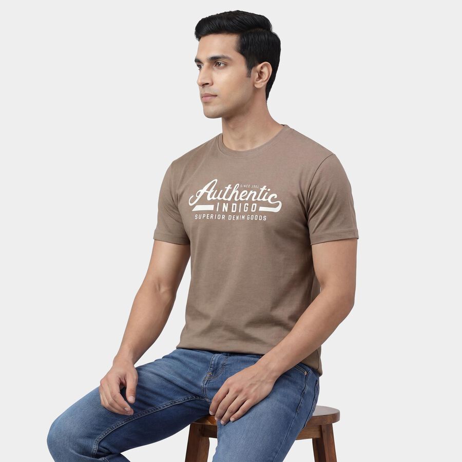 Men's Brown Round Neck Solid T-Shirt, Brown, large