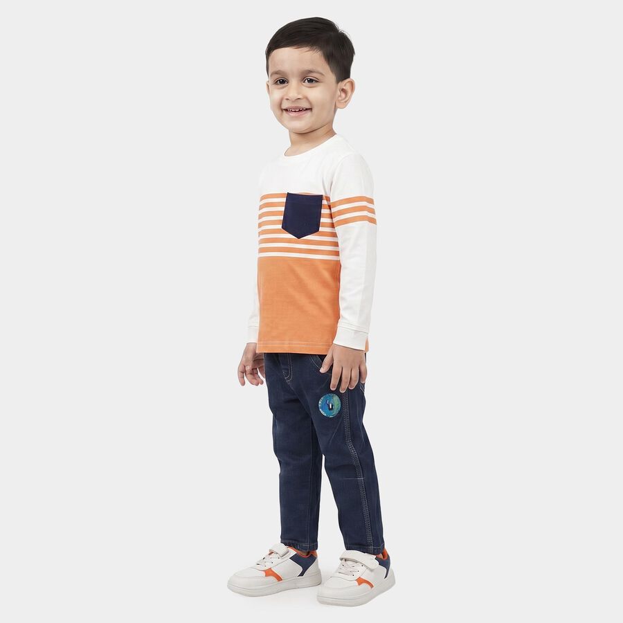 Boys' Brown 100% Cotton Round Neck Striped Baba Suit, Brown, large