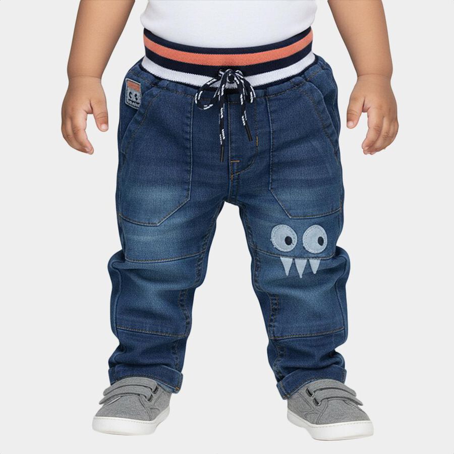 Infants Dark Blue Regular Fit Cartoon Patch Jeans, मध्यम नीला, large image number null