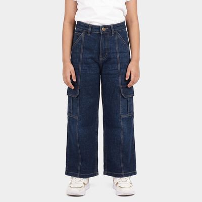 Girls Navy Blue Cargo Fit Washed Jeans