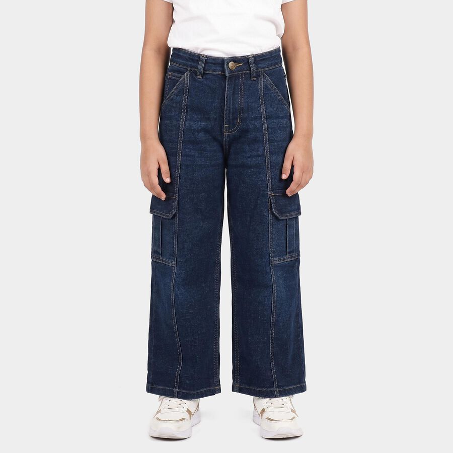 Girls Navy Blue Cargo Fit Washed Jeans, गहरा नीला, large