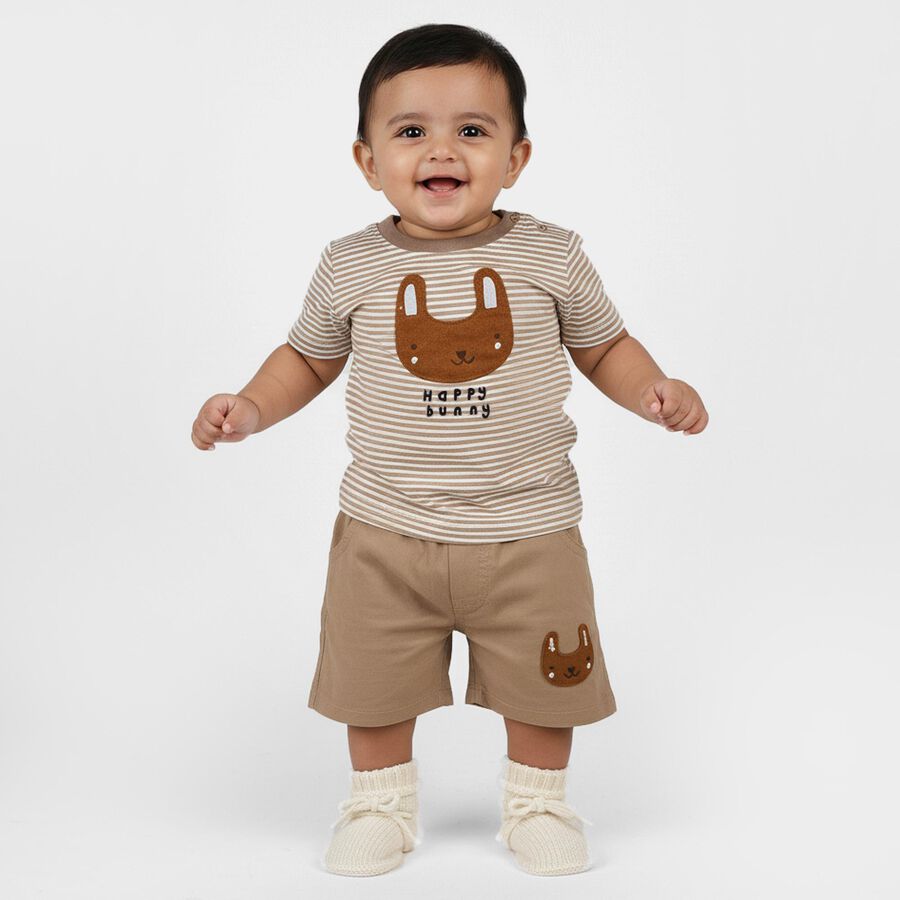 Infants' Beige Cotton Round Neck Bunny Applique Baba Suit, Beige, large