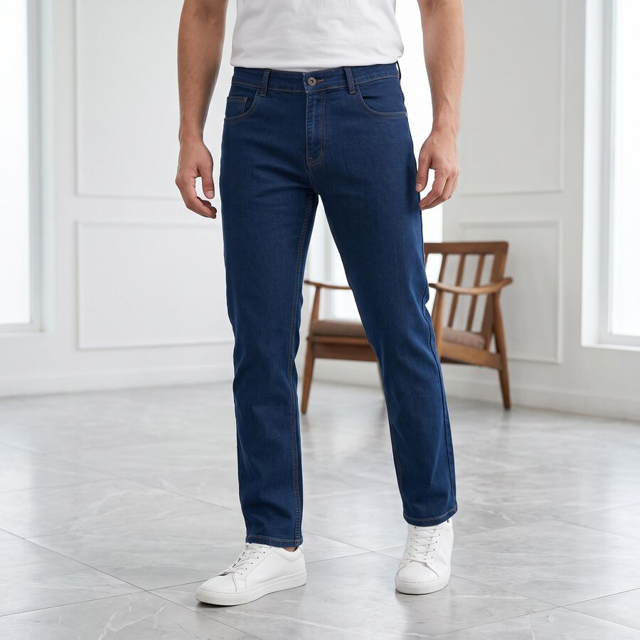Men's Navy Blue Slim Fit Faded Jeans, मध्यम नीला, large