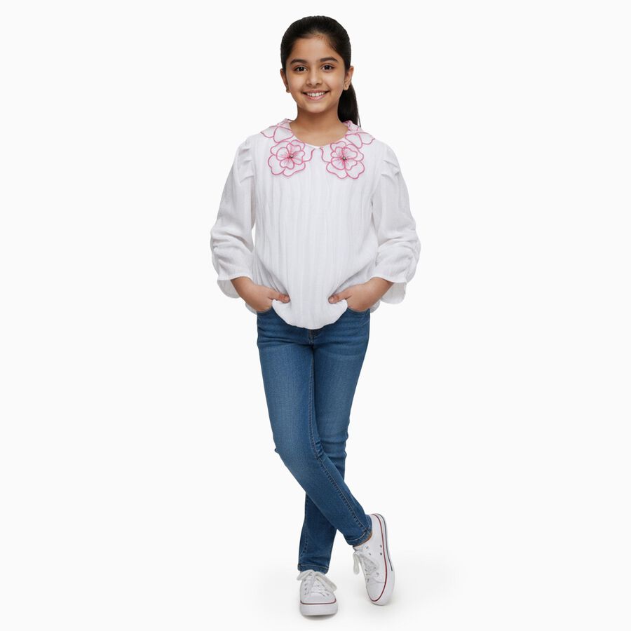 Girls Bright Snow White Round Neck Casual T-Shirt, सफ़ेद, large