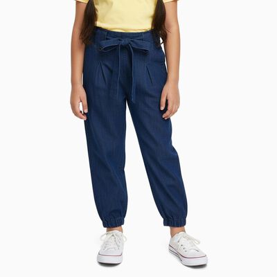 Girls' Deep Indigo Blue Paperbag Fit Tie-Waist Jeans