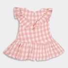 Girls' Light Pink Checkered Ruffled Round Neck Frock, Light Pink, small image number null