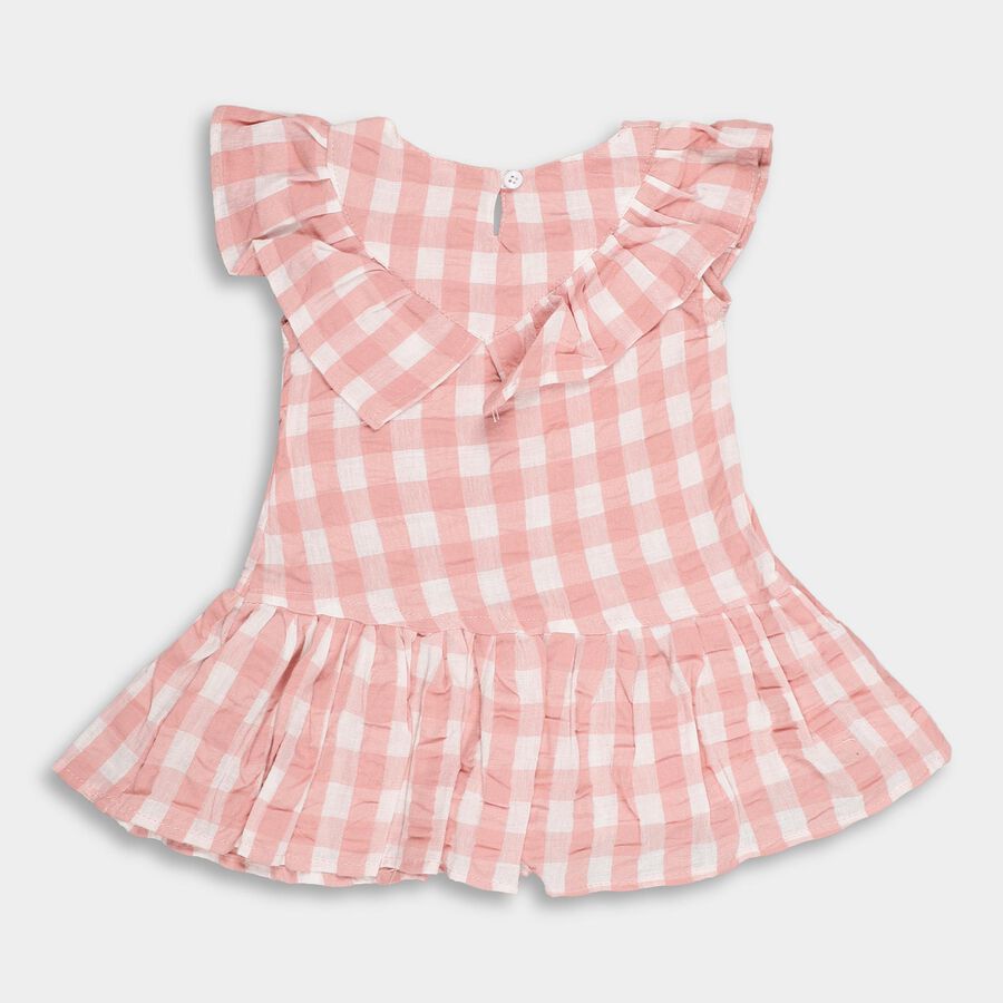 Girls' Light Pink Checkered Ruffled Round Neck Frock, Light Pink, large image number null