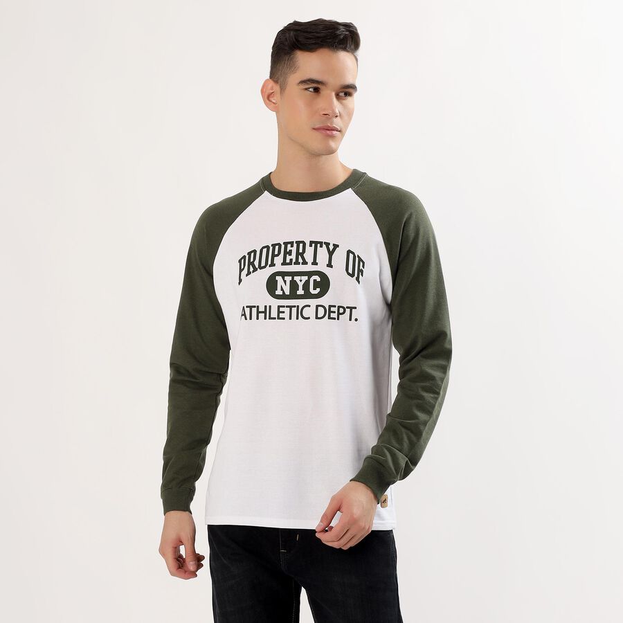 Men's White and Olive Green Crew Neck Casual T-Shirt , Light Green, large image number null